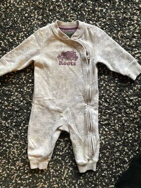 Roots Cream Infant Romper with Purple Logo